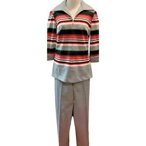 Kay Windsor Pants Set Womens Small 2 Piece Gray Striped 3/4 Sleeve Zip Top Vtg 8